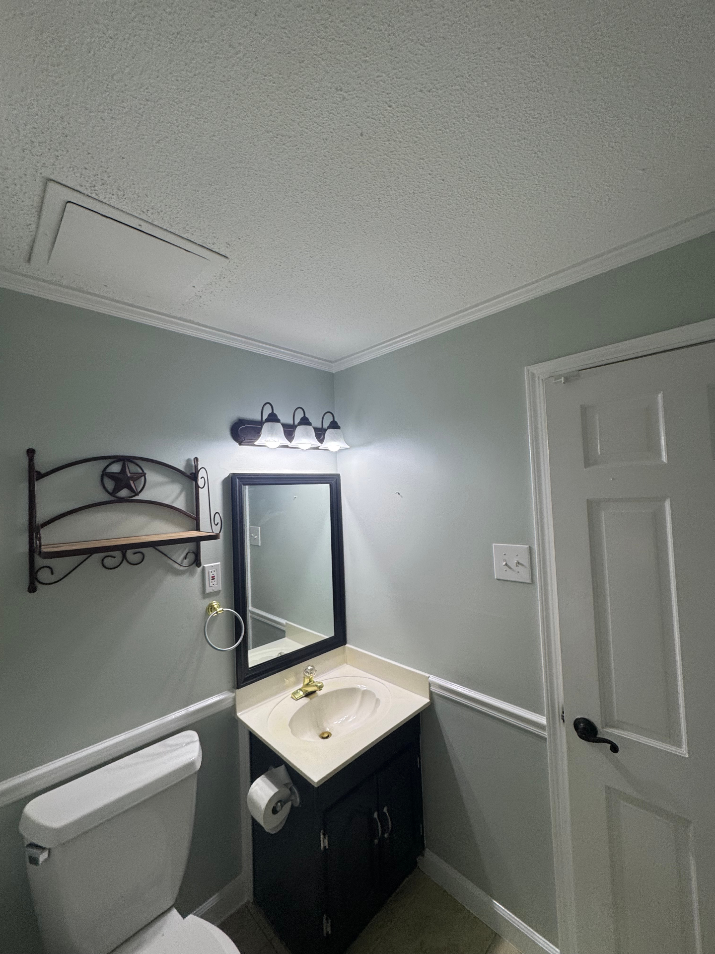 Bathroom freshly painted in soft sage green with white trim